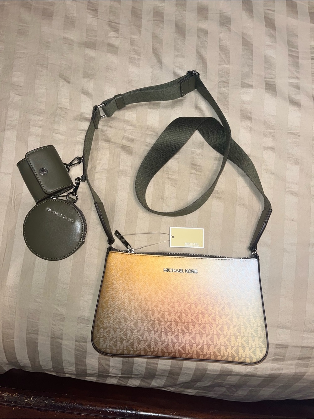 Michael Kors Gradient MK Crossbody with Olive Green Strap and Pouches
